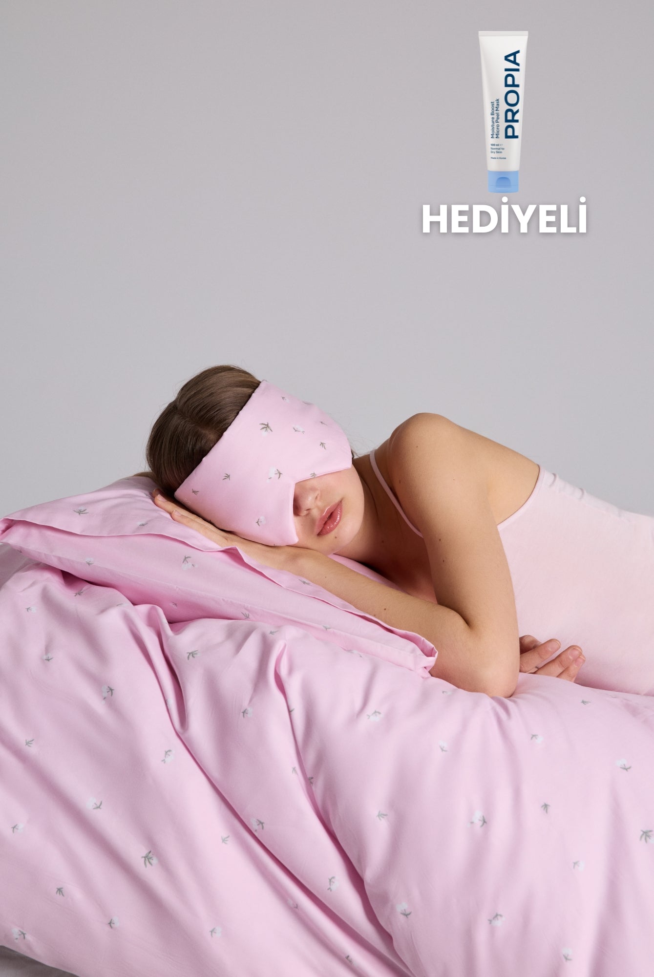 UYKU TAKIMI (NEVRESİM TAKIMI, UYKU MASKESİ) - DESENLİ PEMBE